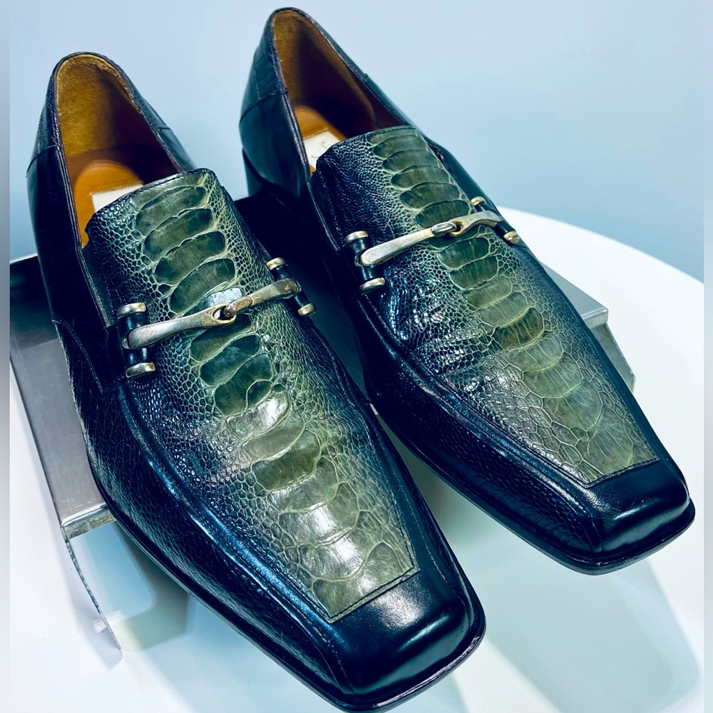 Rare Mezlan for Ingledews Vintage Loafers, 2tone Olive&Black Genuine Ostrich
